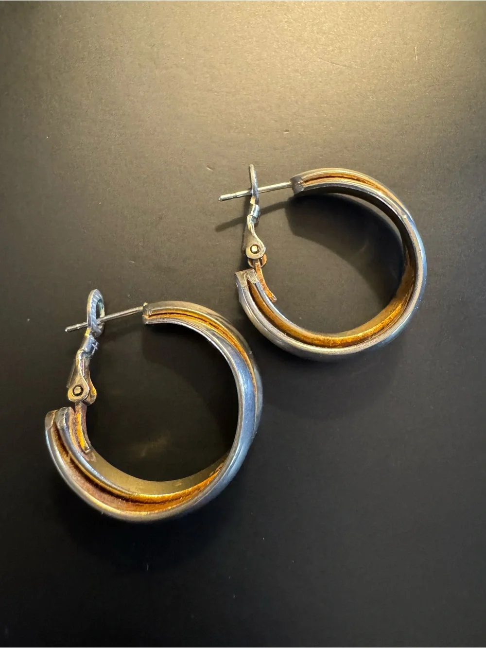 Two-Tone Double Hoop Earrings Silver Gold Tone Sculptural Huggie Style